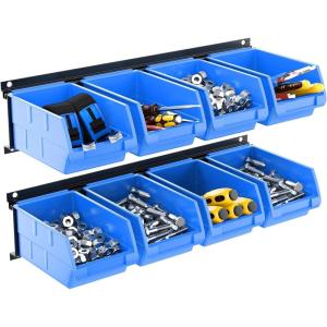 imageTORACK WallMounted Storage Bins  8 Plastic Bins ampamp 2 Metal Tracks for Tools Organization in Garage Craft Room and ShopBlueBlue