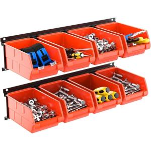 imageTORACK WallMounted Storage Bins  8 Plastic Bins ampamp 2 Metal Tracks for Tools Organization in Garage Craft Room and ShopBlueOrange