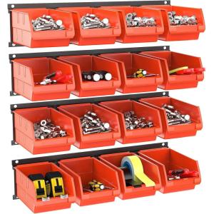 imageTORACK WallMounted Storage Bins  8 Plastic Bins ampamp 2 Metal Tracks for Tools Organization in Garage Craft Room and ShopBlueOrangered