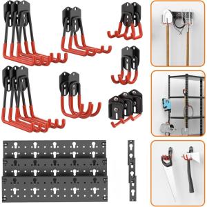 imageTORACK 24 PCS Garage Storage Hooks with Tracks Wall Mount Tool Organizer for Garden Tools Ladders Cords Folding Chairs Shovels and Rakes Shelving Hooks for Keyhole Style Shelving Units