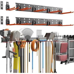 imageTORACK Garden Tool Organizer Wall Mount Garage Folding Chair Storage Rack Tools Rack for Shovels Rakes Broom Ladders Hooks for Keyhole Style Shelving Unit4 panels with 10 hooks
