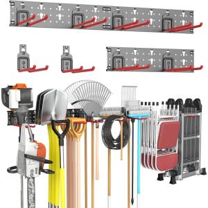 imageTORACK Garden Tool Organizer Wall Mount Garage Folding Chair Storage Rack Tools Rack for Shovels Rakes Broom Ladders Hooks for Keyhole Style Shelving Unit3 panels with 8 hooks