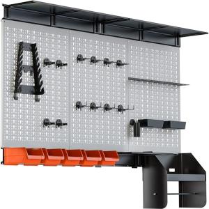 imageTORACK Pegboard Wall Organizer 4 ft Garage Metal Pegboard Tool Organizer System Tools Storage Peg Board Kit with Hooks and Accessories Wall Mounted Storage Bins Overhead ShelvesGrey