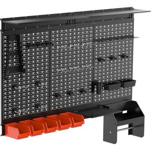 imageTORACK Pegboard Wall Organizer 4 ft Garage Metal Pegboard Tool Organizer System Tools Storage Peg Board Kit with Hooks and Accessories Wall Mounted Storage Bins Overhead ShelvesBlack