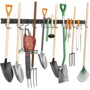 imageTORACK Plastic Wall Mounted Mop and Broom Holder Garden Tools Organizer for Garage Wall Yard Tool Storage Rack for Rakes Shovels Mops Brooms 4 Tracks 16 Hooks