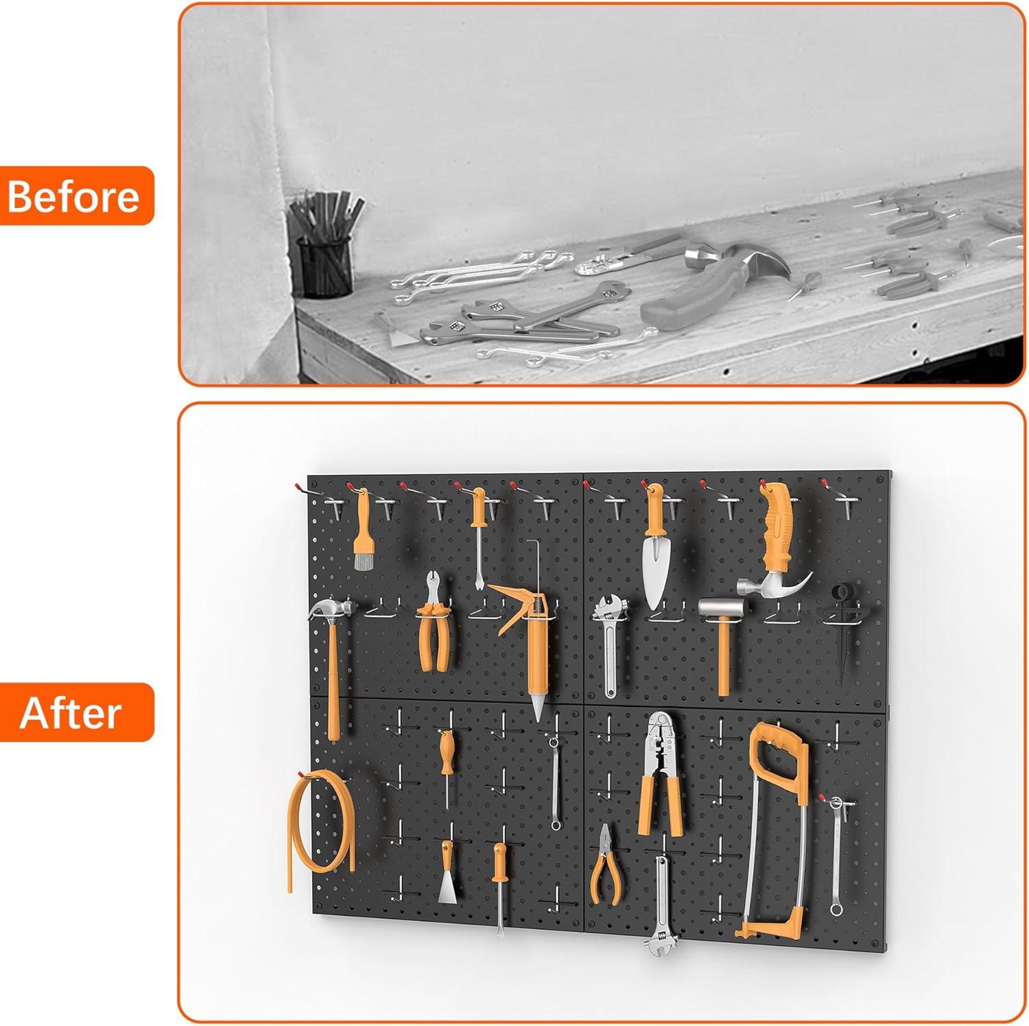 imageTORACK 4Pcs 12quotx16quot Metal Pegboard Panels for Garage Workbench Shop Shed Tool Organizer Peg Board with 18quot ampamp 14quot Holes Modular WallMounted Pegboard for Pegboard Hooks BlackBlack