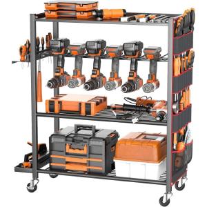imageTORACK Rolling Power Tool Storage Cart 4Tier Large Drill Organizer with Slots for 12 Drills Freestanding Cordless Tool Rack with Wheels for Garage amp Workshop