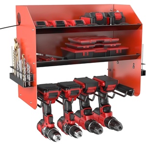 image:imageTORACK Power Tool Organizer Wall Mount Cordless Drill Holder with 4 Drill Slots and 2 Storage Shelves HeavyDuty Power Tool Storage Rack for Garage and Workshop